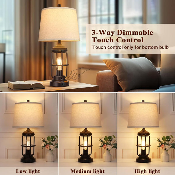 English Elm Table Lamp Set Of 2 With Usb Ports & Touch Control - Rustic 3-Way Dimmable Nightstand Lamps For Home W3355P323240-GIGA