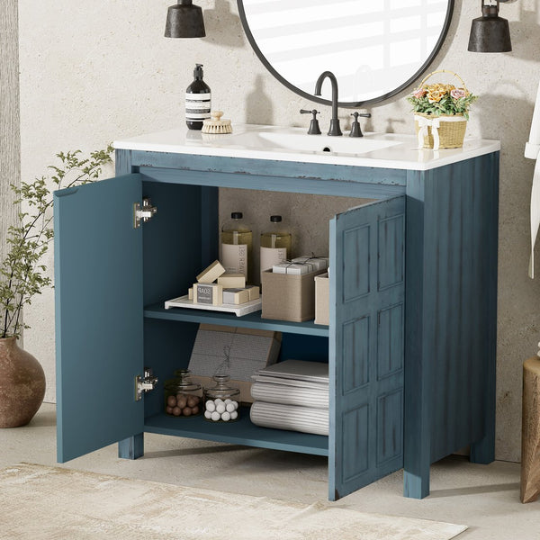 English Elm 36" Bathroom Vanity Organizer with Ceramic Sink, Solid Wood Distressed Finish, Hand-Painted Charm and Ample Storage Retro Blue N729P255666C