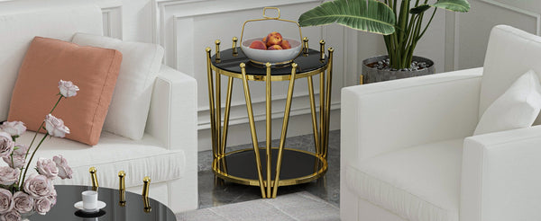 English Elm 19.69inch Gold Round Coffee Table with Crown Frame, 8mm Tempered Glass, Stainless Steel Base, Chic Storage Black W1550P171469