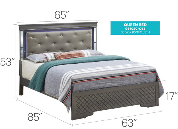 English Elm Verona Queen Bed With Led Headboard, Luxurious Upholstery & Metallic Black Finish For Modern Style B078S00583-GIGA