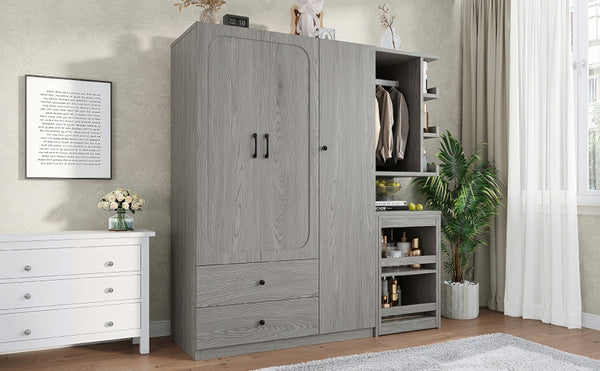 English Elm Multifunctional Wardrobe Cabinet with Fold Out Desk Hanging Rod and Storage Drawers Gray W1580S00476