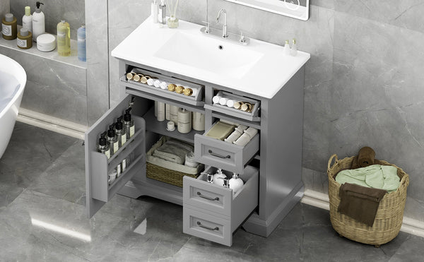 English Elm Christopher Knight Home® - 30" Bathroom Vanity with Sink Vintage Acacia Frame Ceramic Basin Soft-Close Doors & Storage Light Gray N759P313315E