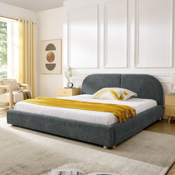 English Elm Queen Upholstered Bed with Tall Curved Headboard Soft Textured Fabric Modern Bedroom Dark Gray W487S00483