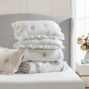 English Elm 2-piece Floral Embroidered Twin Quilt Set Romantic Ruffled Border Soft Down Alternative Fill White+Pink B035P463191