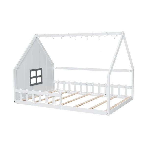 English Elm Full House Bed Frame with Window & Fence Playhouse Design, Sturdy Pine/MDF, Safe 400lb Capacity White N709P215545K