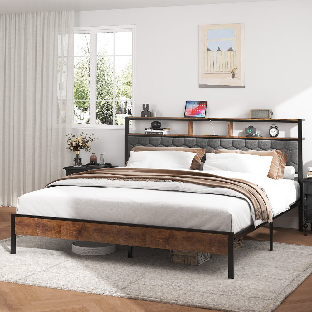 English Elm King platform bed with upholstered headboard, built-in USB & Type-C charging, large hidden storage, silent assembly Brown W636P317031