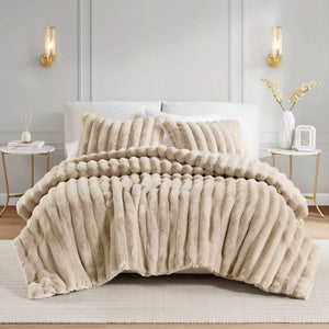 English Elm 3 Cozy King Ultrasoft Faux Fur Ribbed Comforter Set with Velvet Reverse & Plush Down-Alternative Fill taupe 19.7 L x 14.97 W x 14.97 H B035P320226