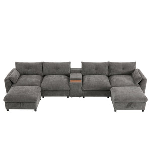 English Elm 136'' Modular Sectional Sofa with Console, USB Charger, Cup Holders, Movable Storage Ottoman, Oversized Chenille U-Shaped Lounge Gray N723S8777E