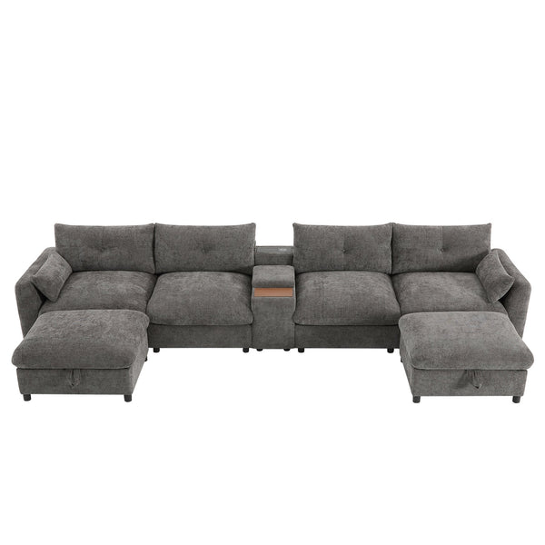 English Elm 136'' Modular Sectional Sofa with Console, USB Charger, Cup Holders, Movable Storage Ottoman, Oversized Chenille U-Shaped Lounge Gray N723S8777E