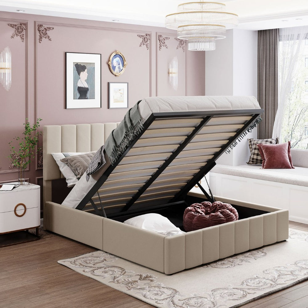 English Elm Queen Linen Upholstered Platform Bed with Hydraulic Lift Storage and Padded Headboard N708P201552A