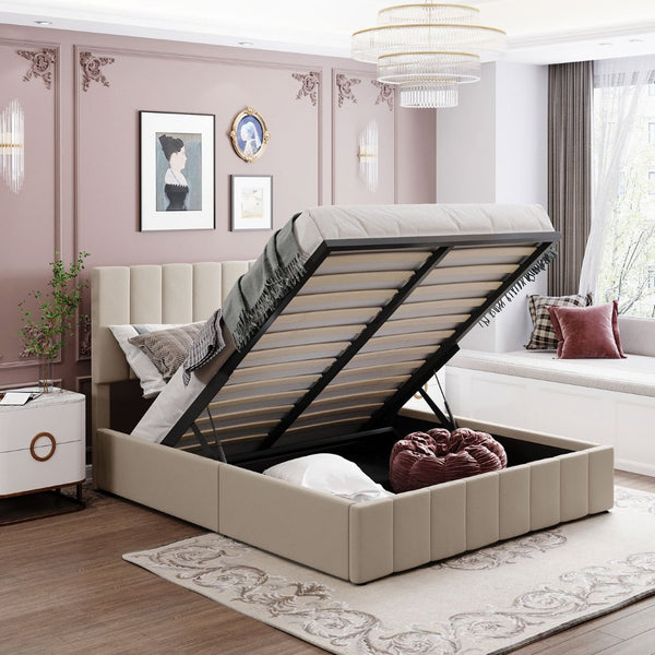 English Elm Queen Linen Upholstered Platform Bed with Hydraulic Lift Storage and Padded Headboard N708P201552A
