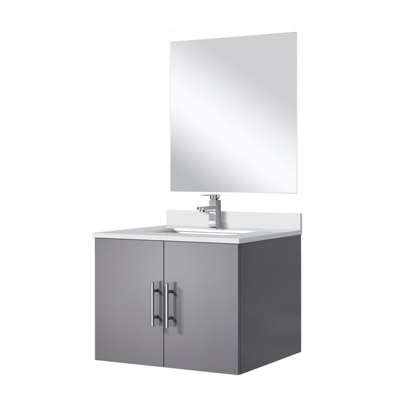 English Elm Dark Grey Single Bath Vanity Set With White Quartz Countertop, Mirror, And Faucet - Modern Elegance B2731S01296