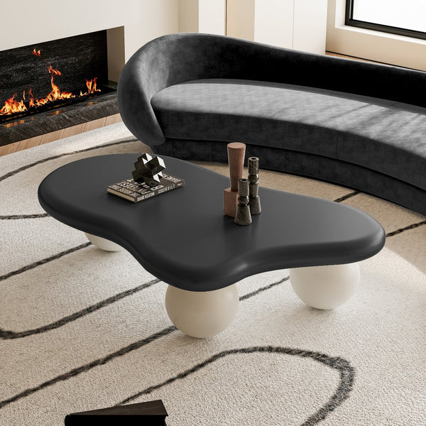 English Elm 47 Inch Cloud-Shaped Coffee Table With 3 Ball Legs - Modern Black & White Design For Living Rooms W1435S00017