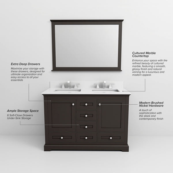 English Elm Espresso Double Bath Vanity 48" W x 22" D with Cultured Marble Top, Faucet Set, Soft-Close Storage B2731P258342