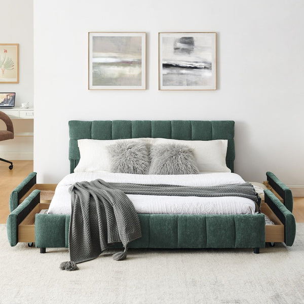 English Elm Queen Chenille Upholstered Platform Bed with Storage Drawers and Padded Headboard Blue+Green W487P235285