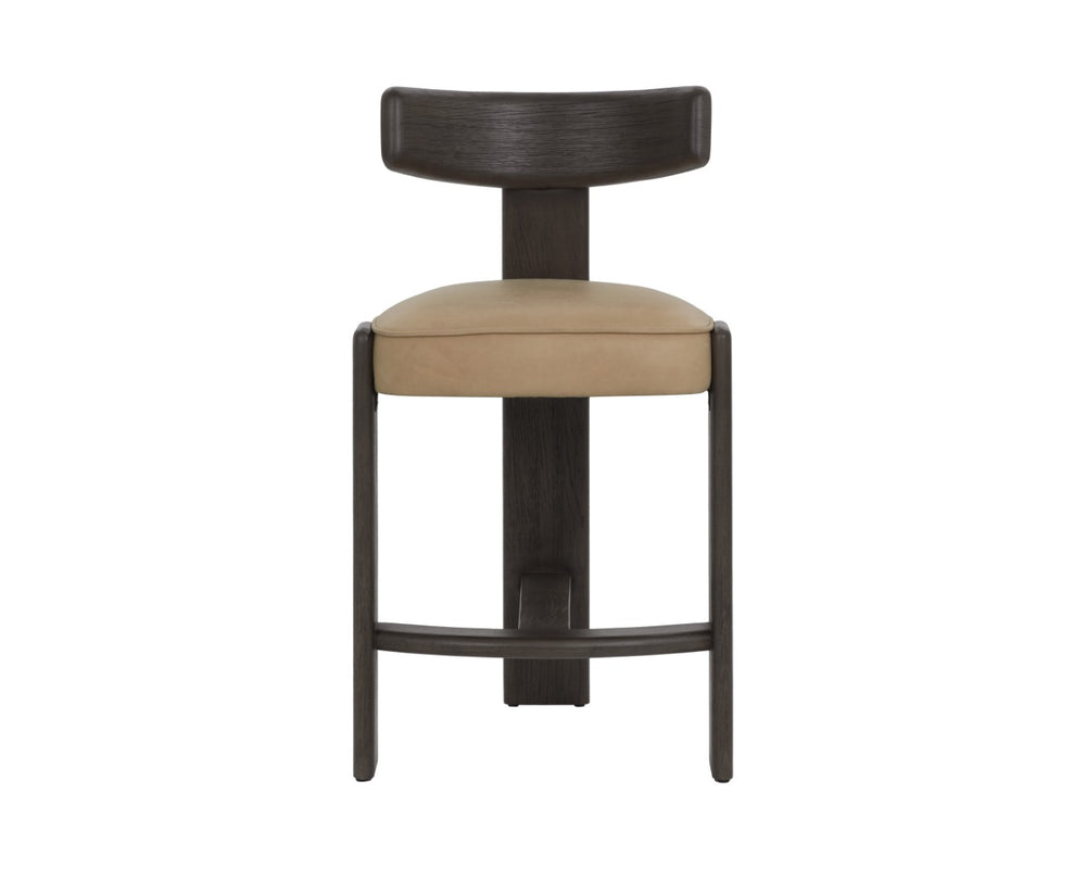 Sunpan HORTON Counter Stool - Dark Brown Oak Frame with Sahara Sand Leather for Ergonomic Comfort & Style 112395
