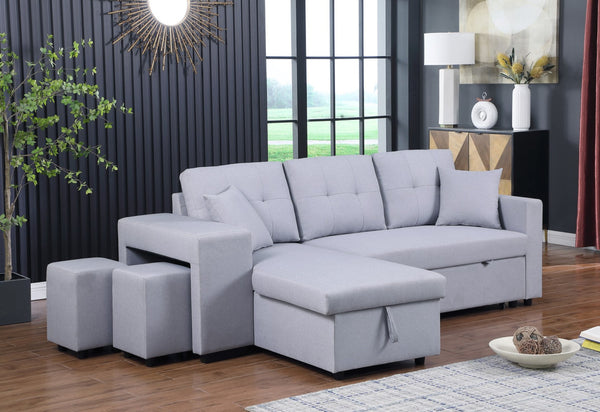 English Elm Dino Linen Tufted Sleeper Sectional with Reversible Chaise Storage and Two Ottomans Light Gray B2749S00202