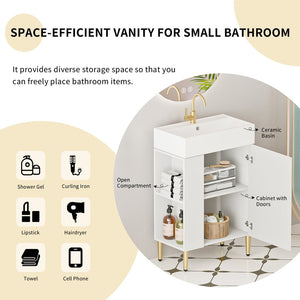 English Elm 21.6" Compact Bathroom Vanity Ceramic Sink Wave Door Open Shelf White Finish W1920S00189