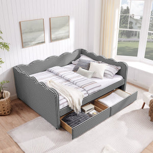 English Elm Queen Gingham Linen Daybed with Wave Backrest Two Storage Drawers and Usb Port Black W1413S00153