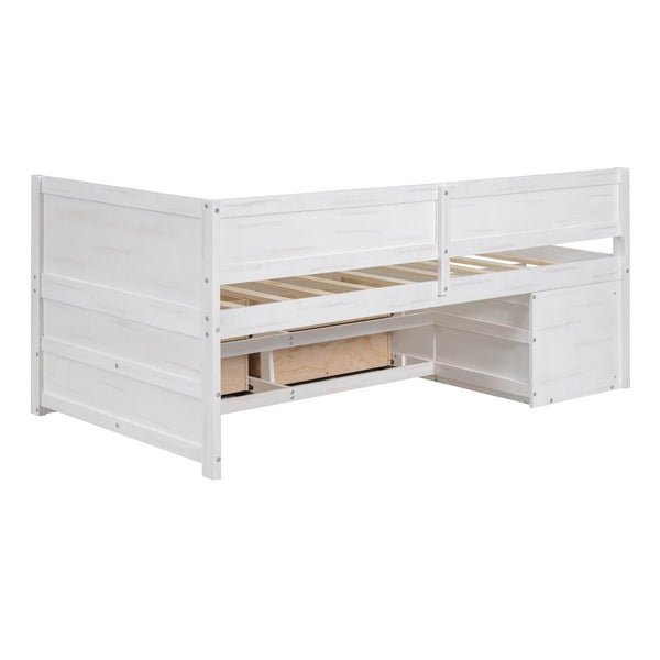 English Elm Twin Daybed with Two Pull Out Drawers and Open Shelves for Small Bedroom Storage White LP102022AAK