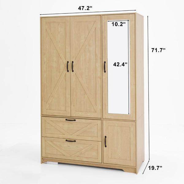 English Elm 4 Door Wooden Wardrobe Cabinet with Led Sensor Light Mirror and Drawers for Bedroom W409S00006