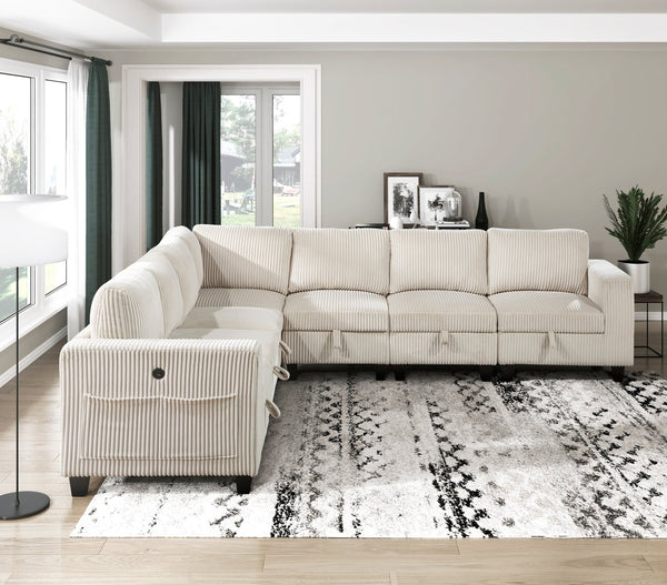 English Elm 7-Piece Modular Sectional with Hidden Storage, Side Pockets and USB Charging in Corduroy Upholstery Beige 28.5 L x 29 W x 20.5 H B011S01081