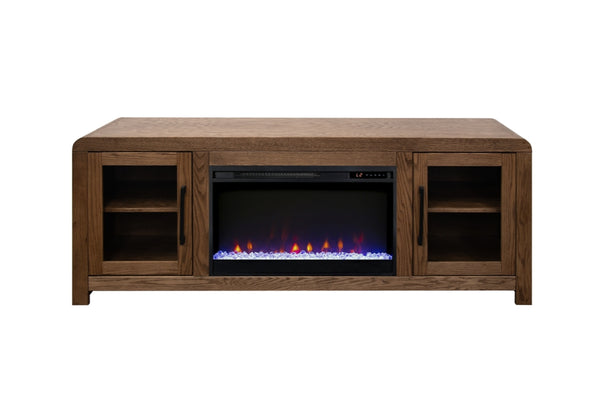 English Elm Haven 65 inch Entertainment Center with Electric Fireplace, Oak Veneer TV Stand, Glass Doors, Cable Management Brown B108P364419