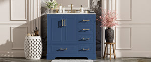 English Elm 36" Traditional Bathroom Vanity with Ceramic Sink, Solid Wood Cabinet, Soft-Close Doors & Drawers Blue N729P251630C