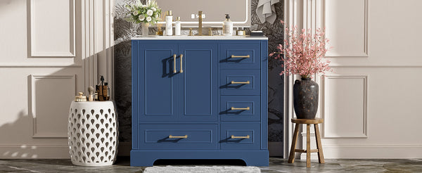 English Elm 36" Traditional Bathroom Vanity with Ceramic Sink, Solid Wood Cabinet, Soft-Close Doors & Drawers Blue N729P251630C