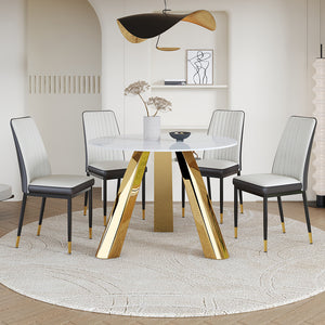 English Elm A 42-inch round dining set with stone top table and gold-plated stainless legs plus four PU chairs Gold 31 L x 19.5 W x 17.5 H W1512S00133