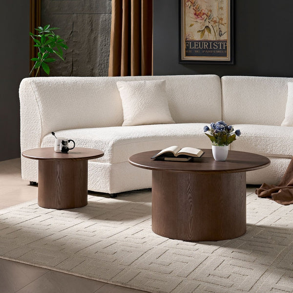 English Elm Coffee Table Nesting Set Round Mdf Pair Walnut Finish for Modern Living Rooms W876S00337