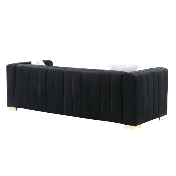 English Elm A Modern Channel Sofa - Luxurious Black Velvet Chesterfield 3-Seater For Stylish Living Spaces W1099S00128