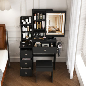English Elm Modern Vanity Desk with Led Lighting Four Drawers Glossy Mdf and Dressing Chair W509P465829