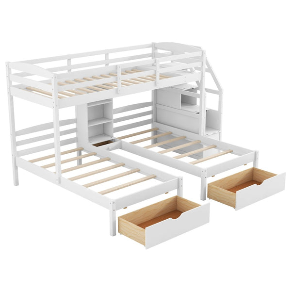 English Elm Twin Triple Bunk Bed White Pine Frame with Staircase Storage Drawers and Built Shelves GX000324AAK-1