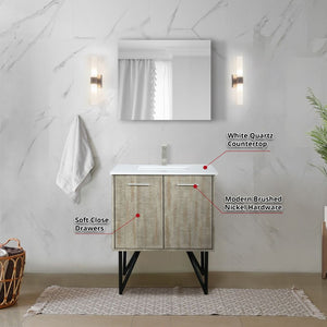 English Elm Rustic Acacia Bath Vanity Set With White Quartz Top, Brushed Nickel Faucet & Matching Mirror For Style B2731S01927-GIGA