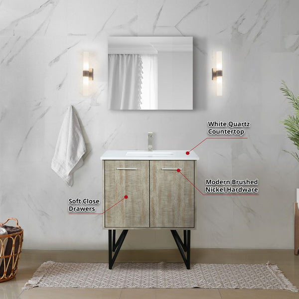 English Elm Rustic Acacia Bath Vanity Set With White Quartz Top, Brushed Nickel Faucet & Matching Mirror For Style B2731S01927-GIGA