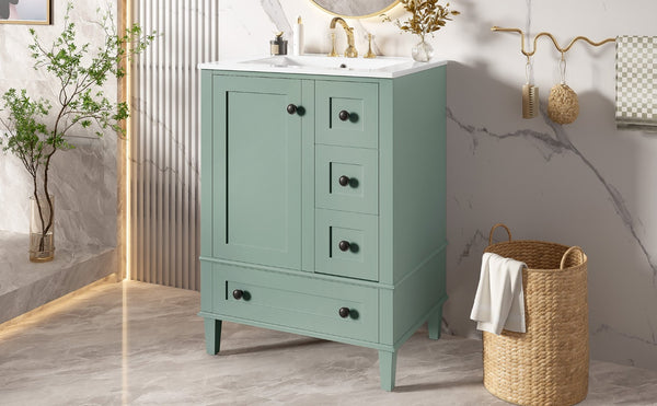 English Elm 24-inch Matte Bathroom Vanity Rubberwood Cabinet with Ceramic Sink and Soft-close Drawers Light Green N729P377516F