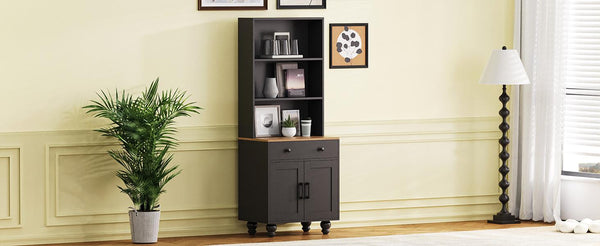 English Elm ON-TREND Farmhouse Storage Cabinet with Gourd Legs, Adjustable Shelves, Anti-Tip Tall Pantry Unit Black+Natural N721P205790B