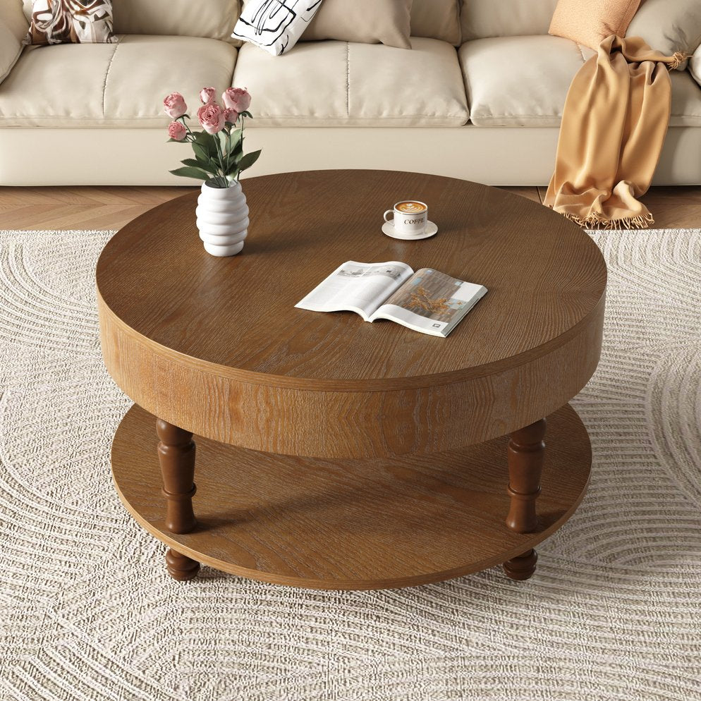 English Elm Coffee Round Flip-Top Coffee Table with Hidden Storage and Open Shelf, Modern Living Room Chest Walnut Brown W1445P341373
