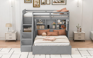 English Elm Twin Over Full Bunk Bed with Wardrobe Storage Stairs Shelves and Usb Charging Gray LT000292AAE