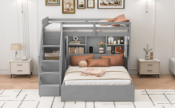 English Elm Twin Over Full Bunk Bed with Wardrobe Storage Stairs Shelves and Usb Charging Gray LT000292AAE