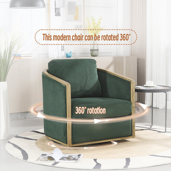 English Elm Corduroy Swivel Barrel Chair with Sturdy Wood Frame & Metal 360° Base, Plush Corduroy Comfort Pop Emerald W395P220271