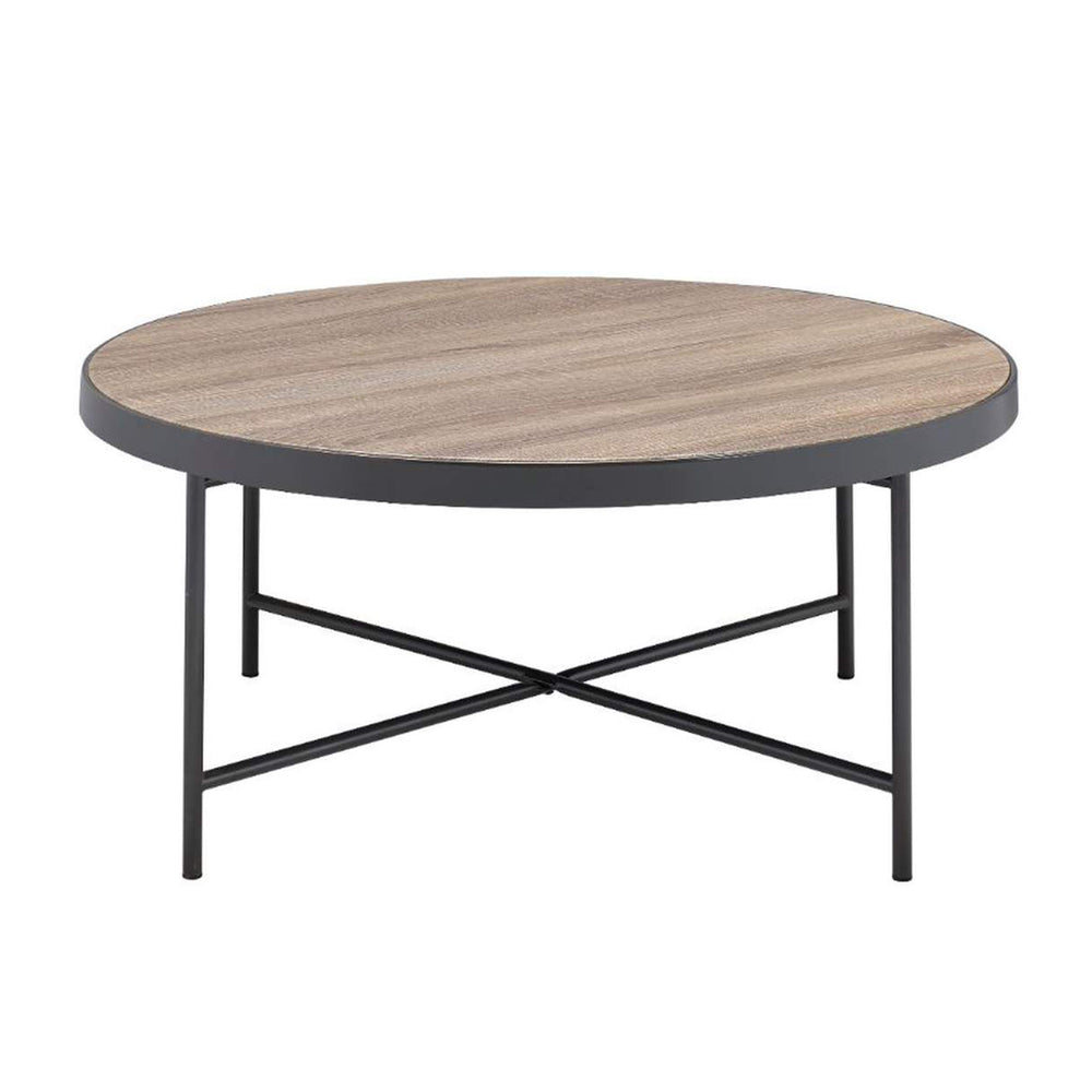 English Elm Round 33" Wooden Top Coffee Table with Weathered Gray Oak Finish, Industrial Metal Frame & Cross Stretchers B016P310526