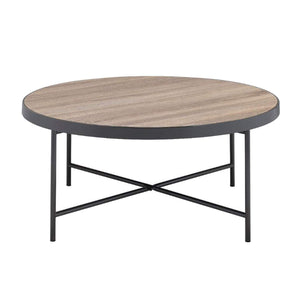 English Elm Round 33" Wooden Top Coffee Table with Weathered Gray Oak Finish, Industrial Metal Frame & Cross Stretchers B016P310526