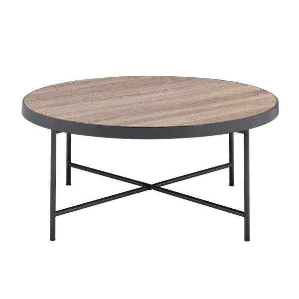 English Elm Round 33" Wooden Top Coffee Table with Weathered Gray Oak Finish, Industrial Metal Frame & Cross Stretchers B016P310526