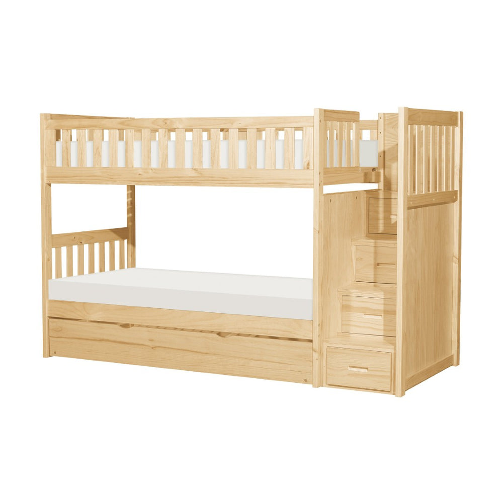 English Elm Twin Over Solid Pine Bunk Bed with Stair Drawers and Safety Guard Rails B011S02431