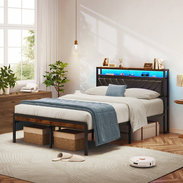 English Elm Queen Metal Platform Bed Adjustable Headboard Led Lighting Usb Charging Industrial W1903P195337