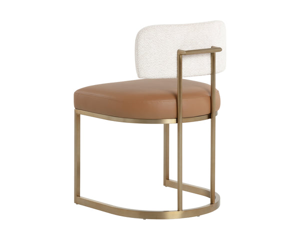 Sunpan Larissa Dining Chair: Elegant Napa Cognac & Rhea Light Barley Upholstery With Brass Steel Frame Brown Fabric ,Faux Leather 112100