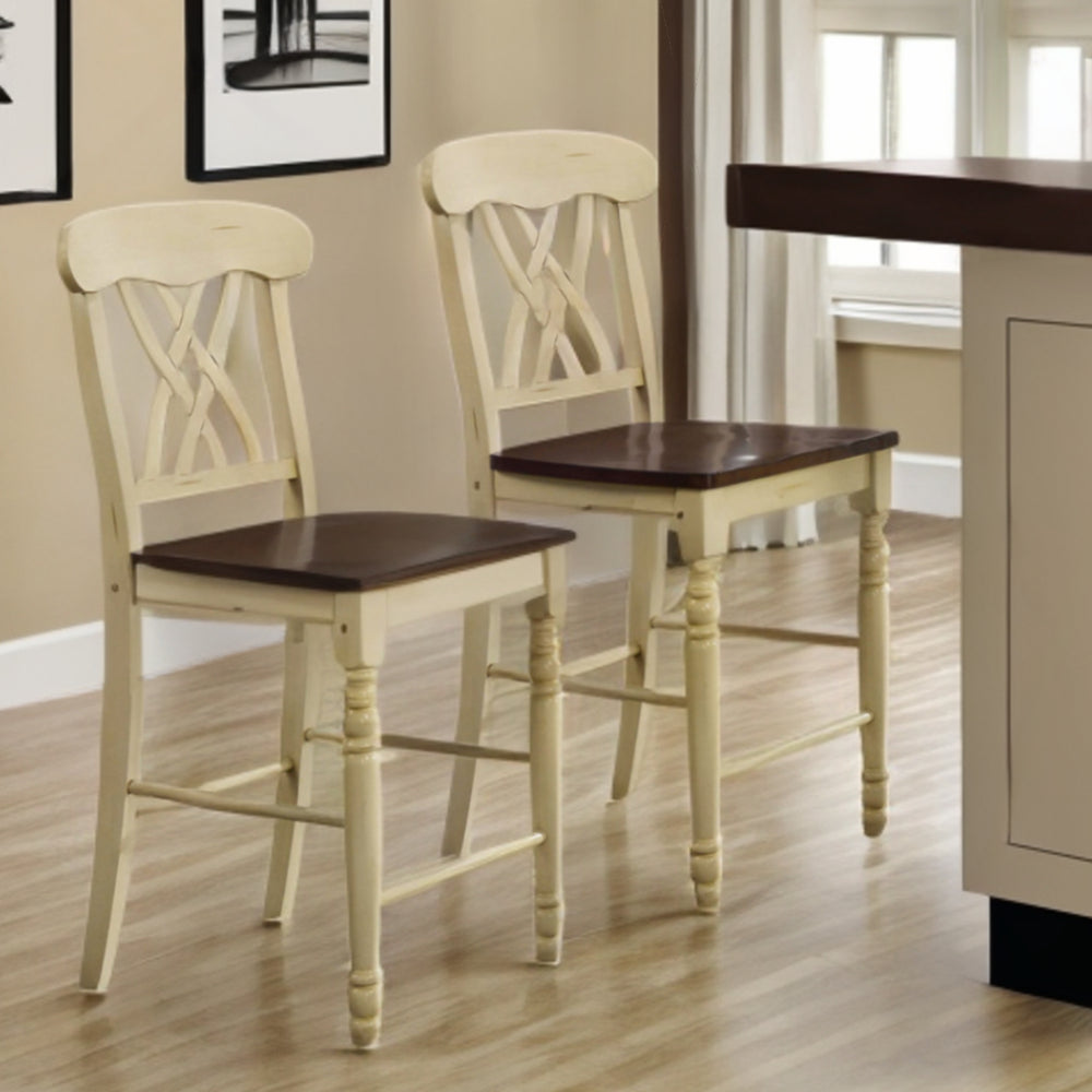 Homeroots Set Of Two 41" Brown And Beige Solid Wood Counter Height Bar Chairs Buttermilk And Oak  320060