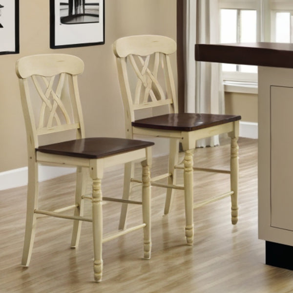 Homeroots Set Of Two 41" Brown And Beige Solid Wood Counter Height Bar Chairs Buttermilk And Oak  320060